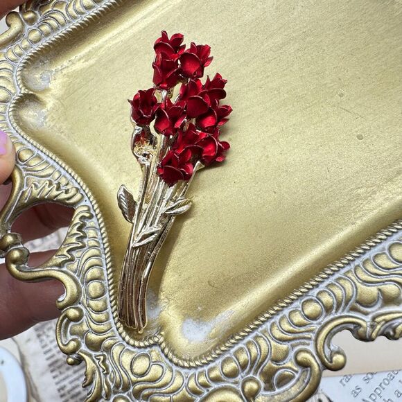 Vintage Red Flower Bouquet Arrangement Brooch Pin - Picture 3 of 4
